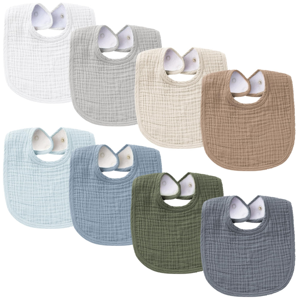 Konssy Muslin Baby Bibs 8-pack flatlay showing absorbent front and unisex colors