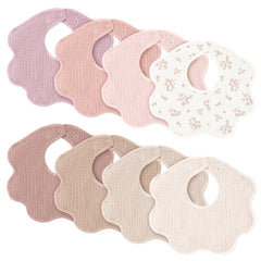 Konssy muslin baby bibs 8-pack flatlay shows neutral prints for teething and outfit pairing.