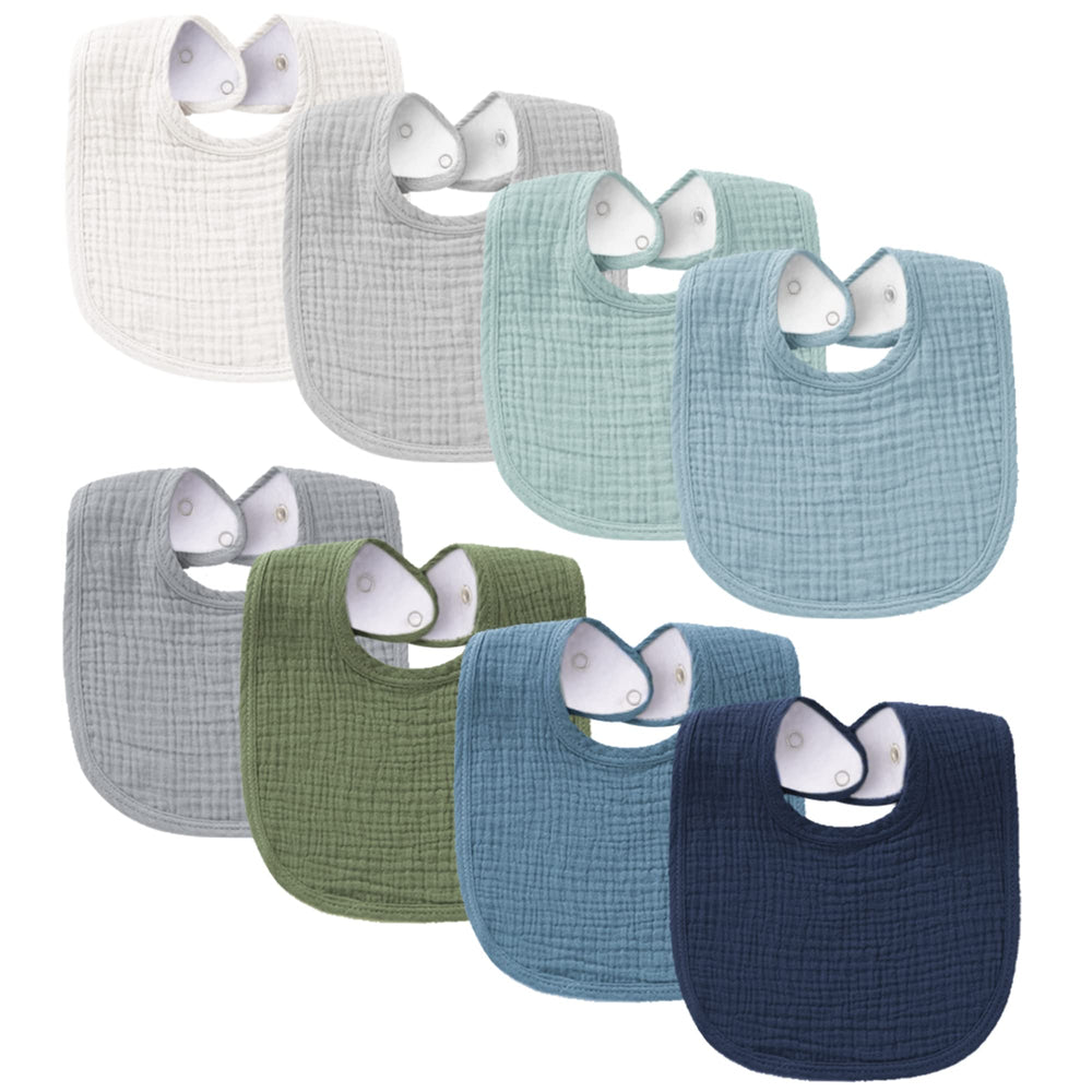 Konssy muslin baby bibs 8-pack packshot in unisex colors for easy outfit matching.