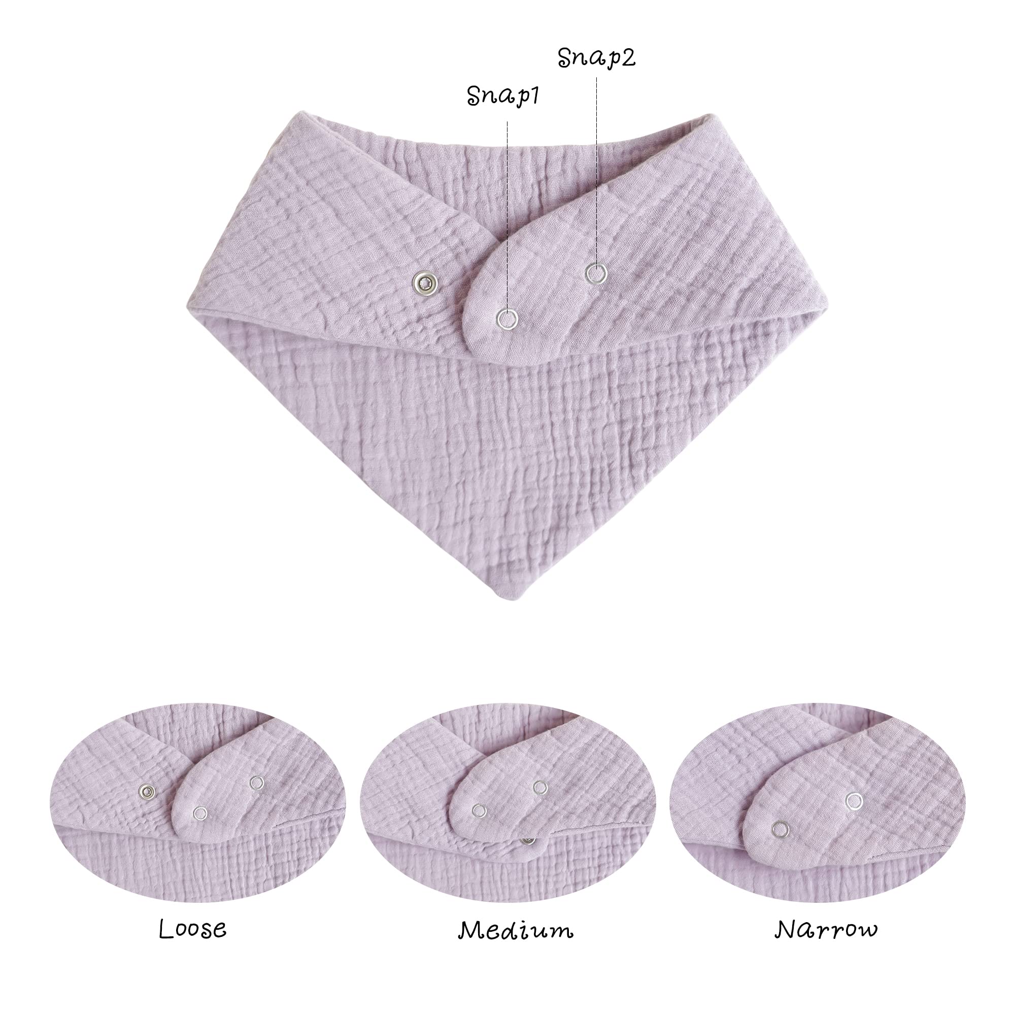 Konssy Muslin Baby Bibs adjustable neck snaps for a comfortable fit.