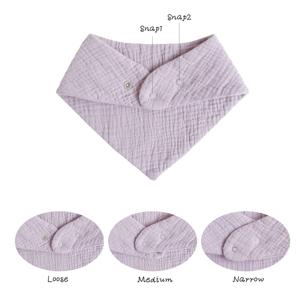 Konssy Muslin Baby Bibs adjustable neck snaps for a comfortable fit.