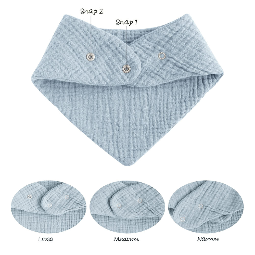 Konssy muslin-baby-bibs-adjustable-snaps demonstrates nickel-free adjustability for growing babies.