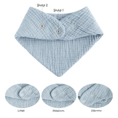 Konssy muslin-baby-bibs-adjustable-snaps demonstrates nickel-free adjustability for growing babies.