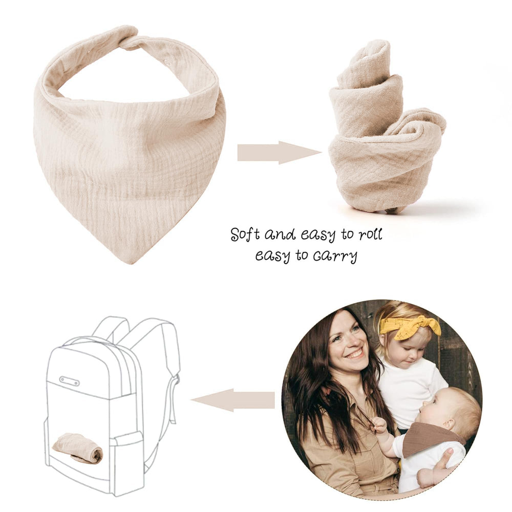 Konssy Muslin Baby Bibs care instructions show machine wash compatibility.
