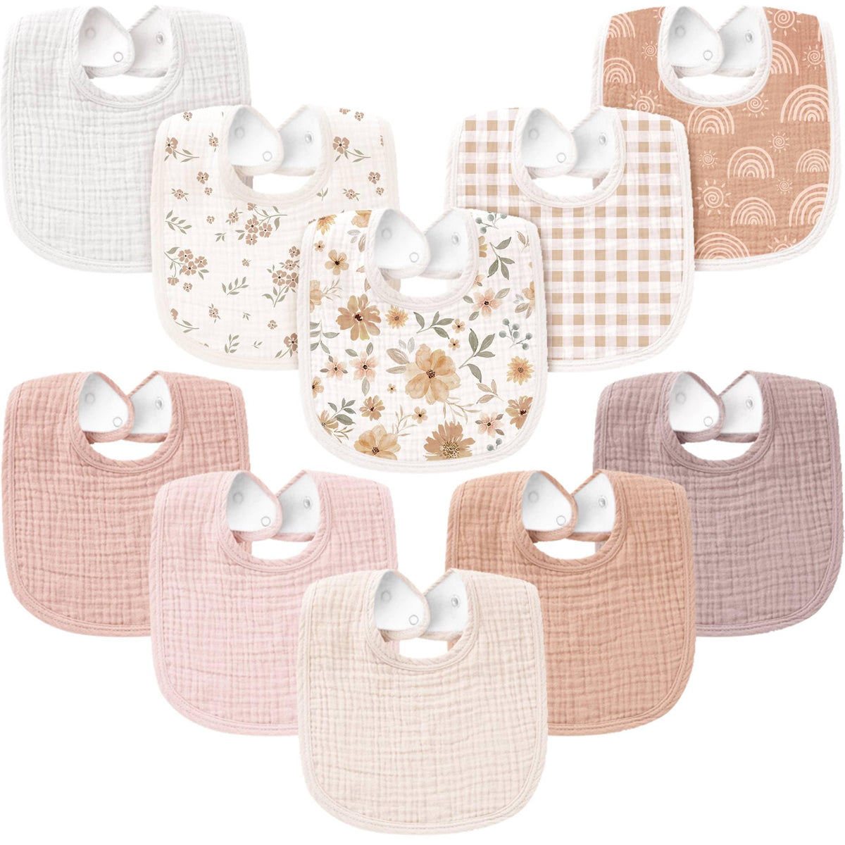 Konssy muslin baby bibs front view with soft absorbent fabric keeps outfits dry.
