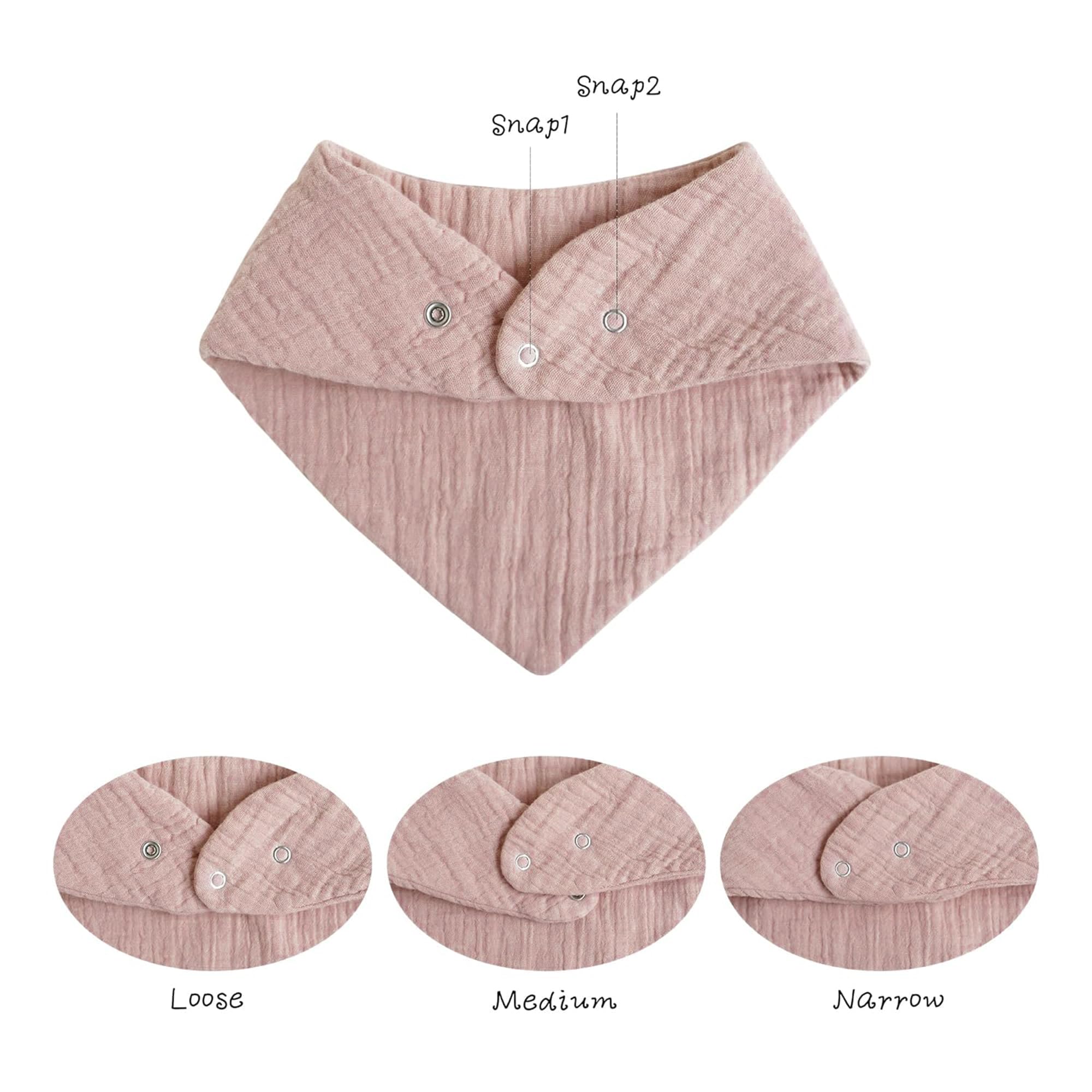 Konssy muslin baby bibs neck-snap-adjustment demonstrates easy-fit for growing babies.
