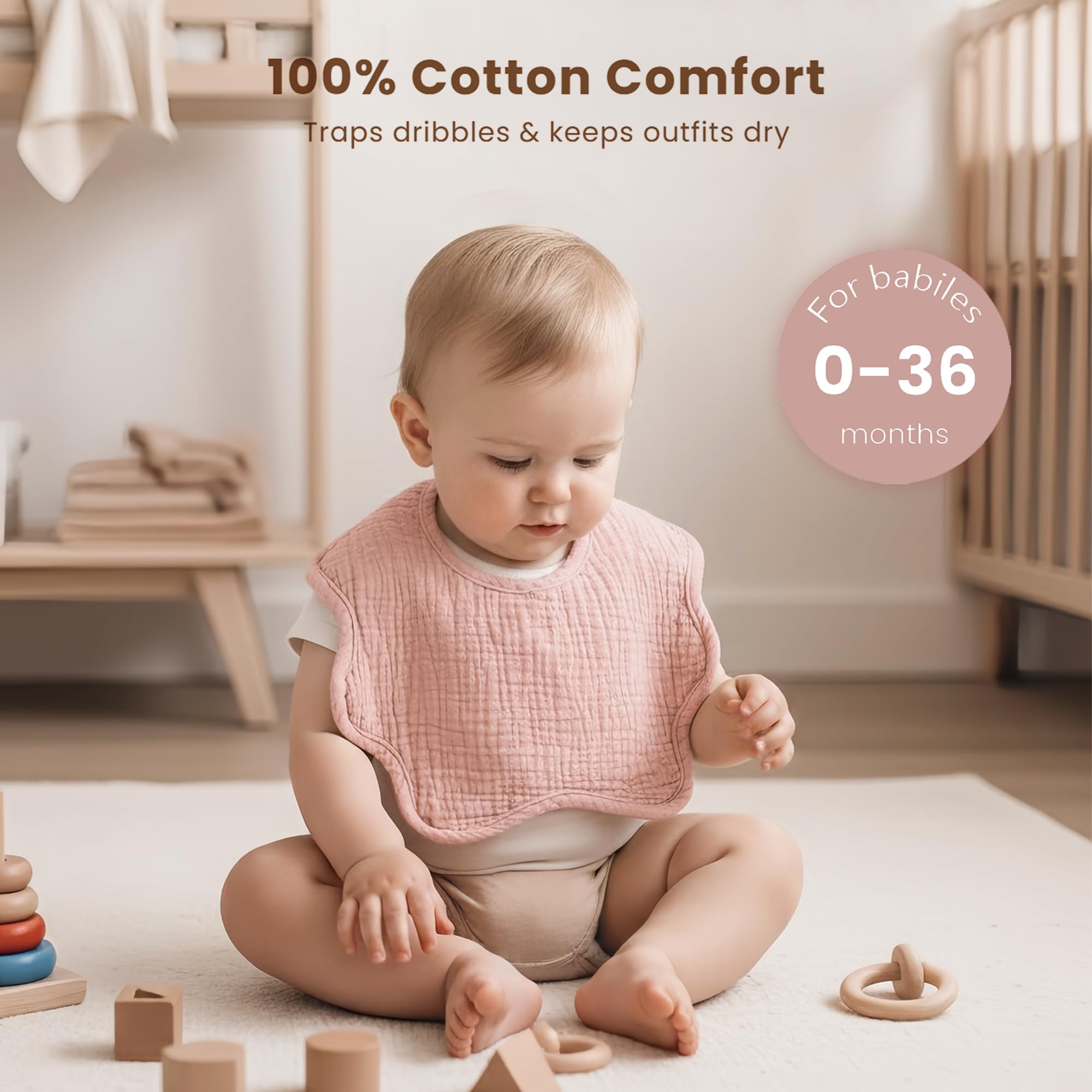 Konssy muslin bibs close-up texture highlights 100% cotton softness for newborn comfort.