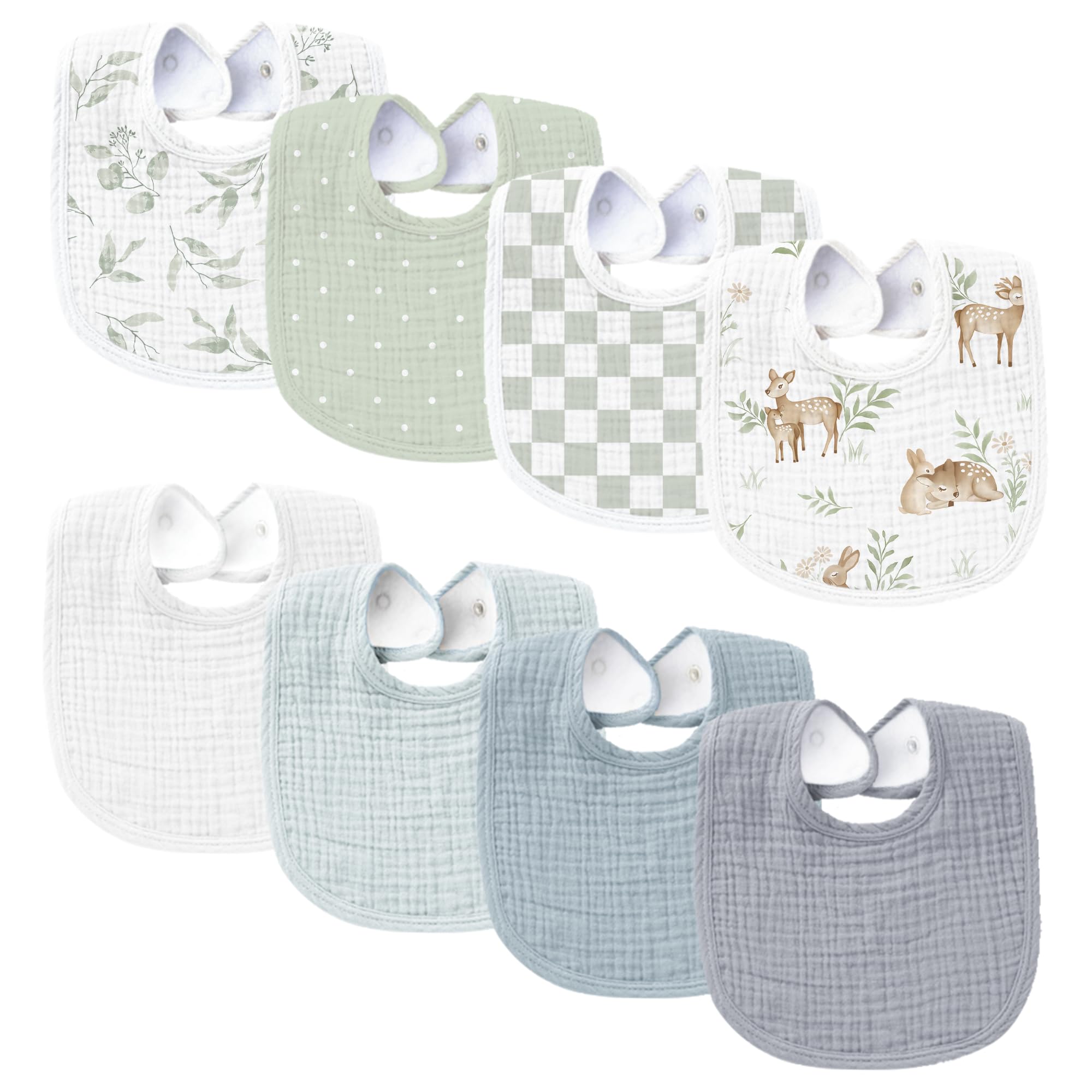 Konssy Muslin Bibs packaging shows eight unisex colors for easy gifting