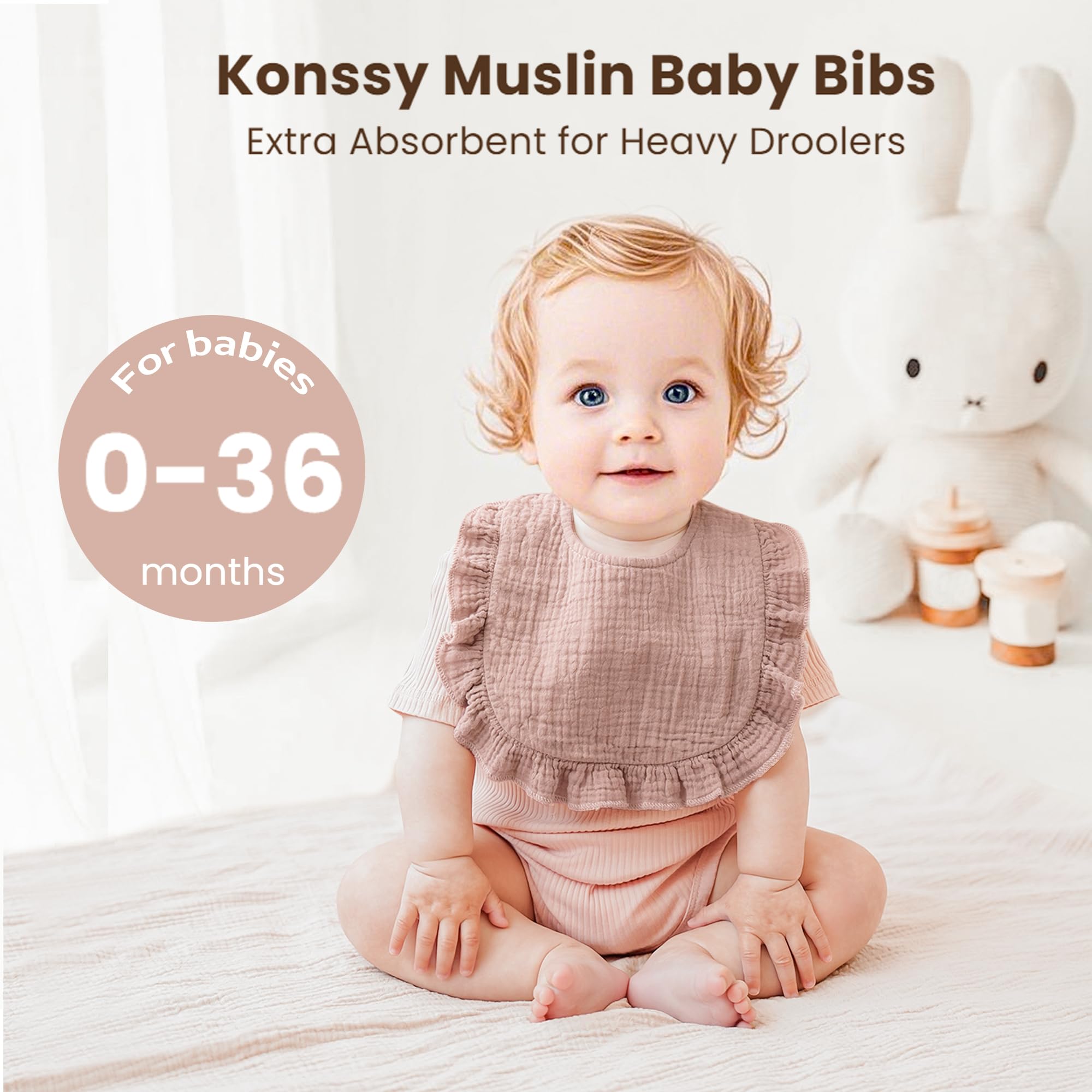 Konssy Muslin Baby Bibs with ruffle trim design add charming style to outfits.