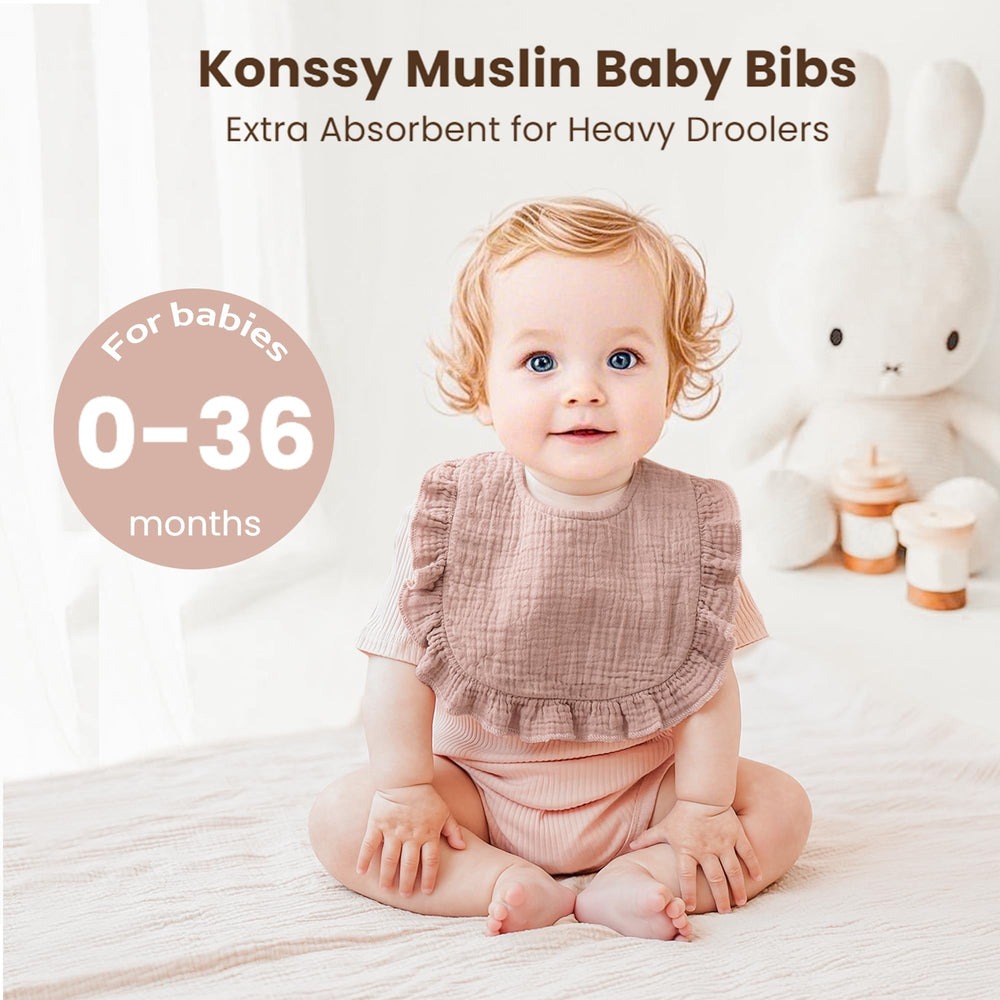Konssy Muslin Baby Bibs with ruffle trim design add charming style to outfits.