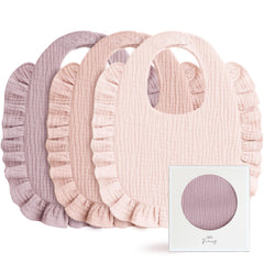 Konssy Muslin Baby Bibs with pink ruffle trim offering gentle skin protection during feeds