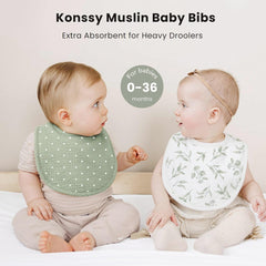 Konssy Muslin Bibs close-up shows soft cotton front and fleece back for absorption
