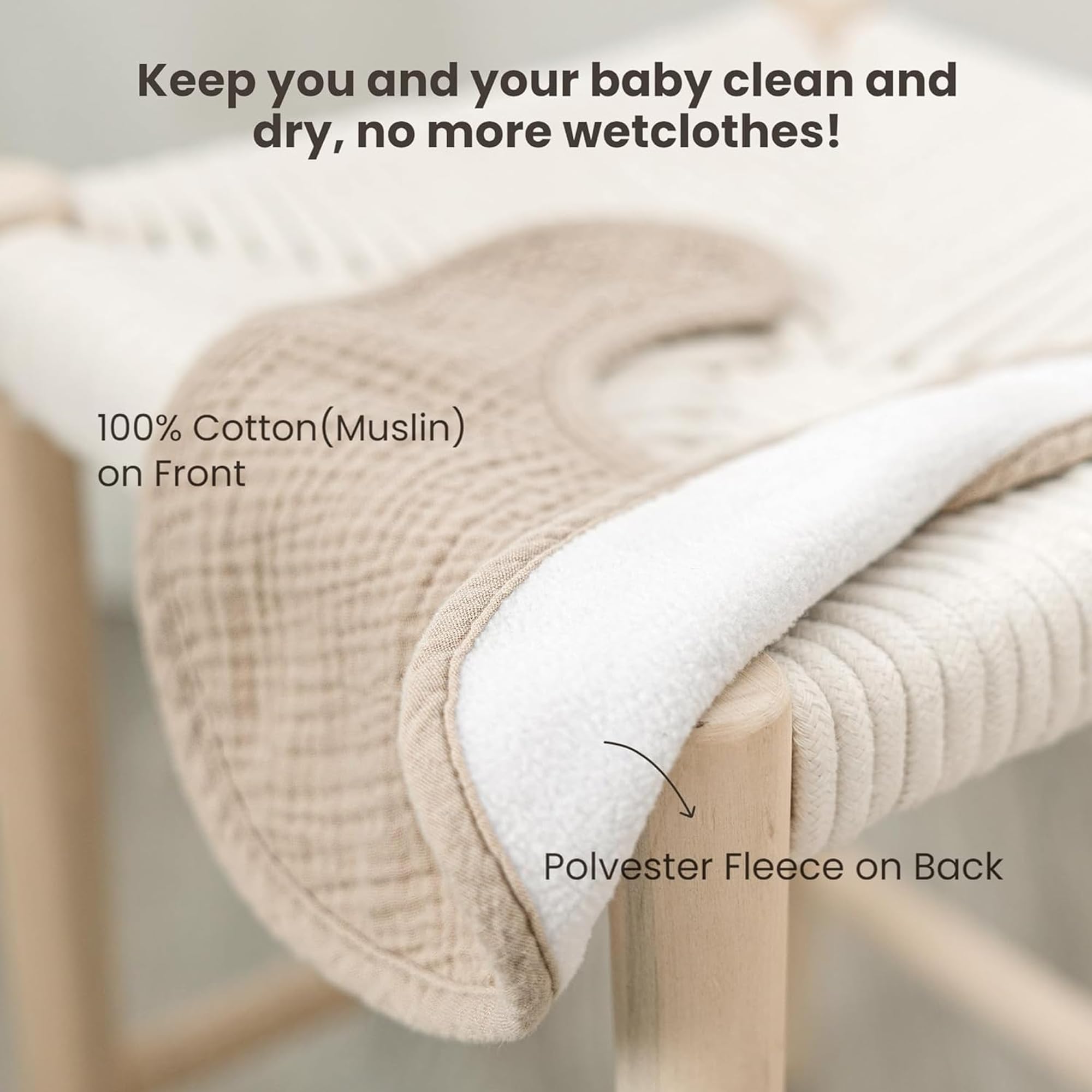 Konssy muslin bibs with soft cotton front, gentle skin contact and drool absorption.
