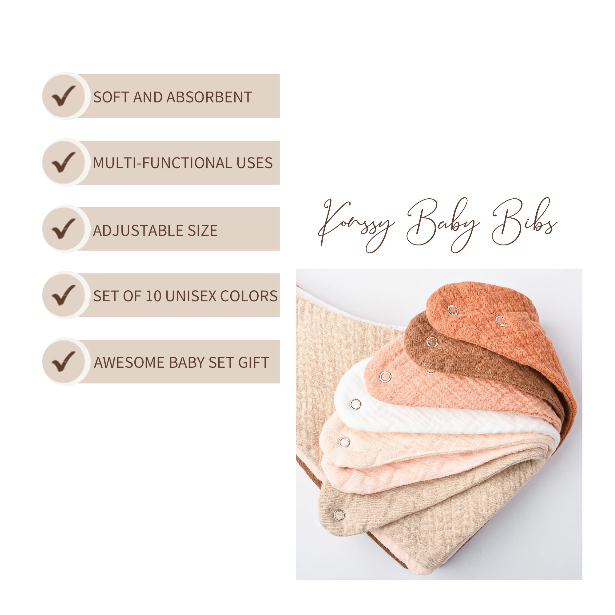 Konssy Muslin Baby Bibs color set offers unisex styles for outfit matching
