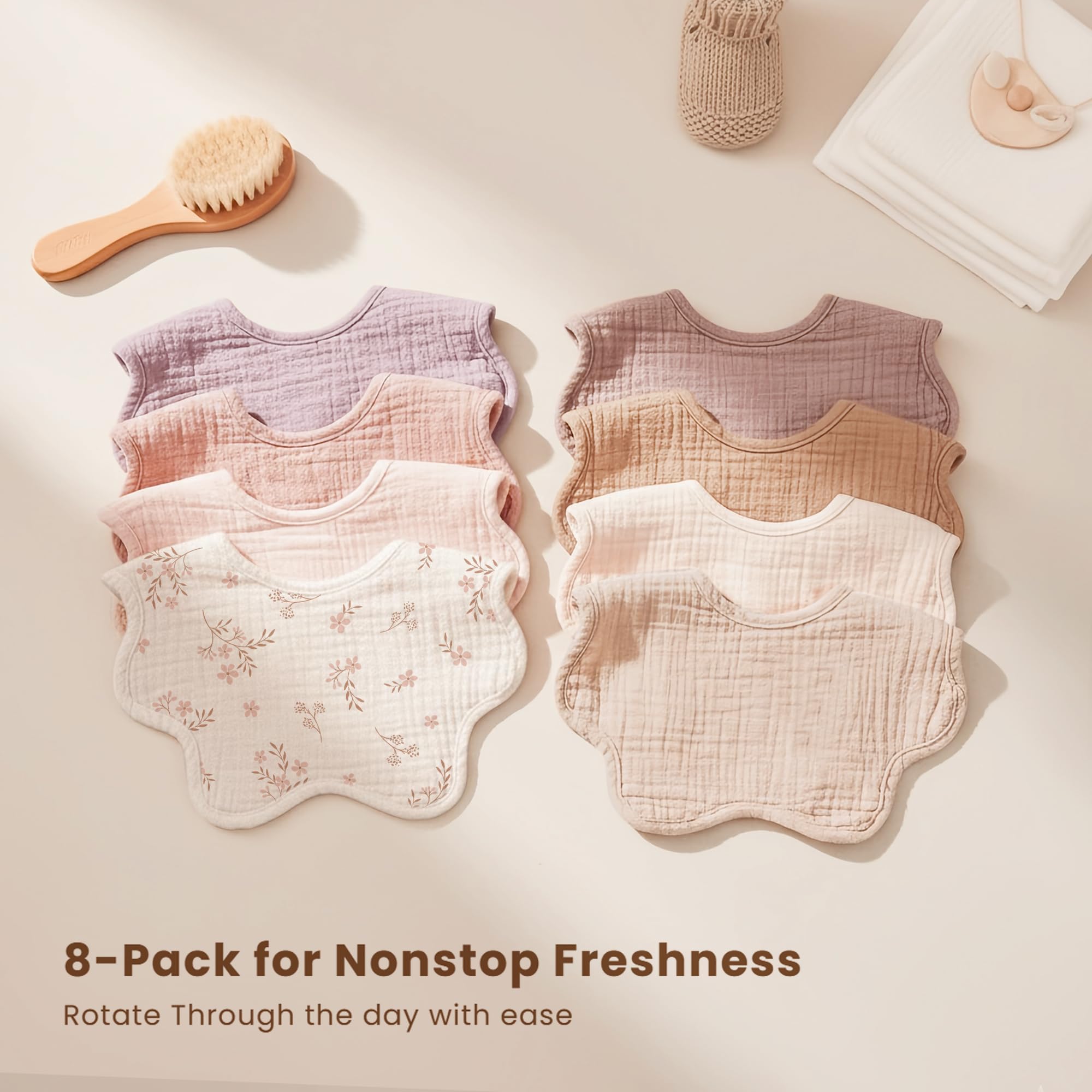 Konssy muslin bibs neutral tones paired with unisex outfits for baby fashion.