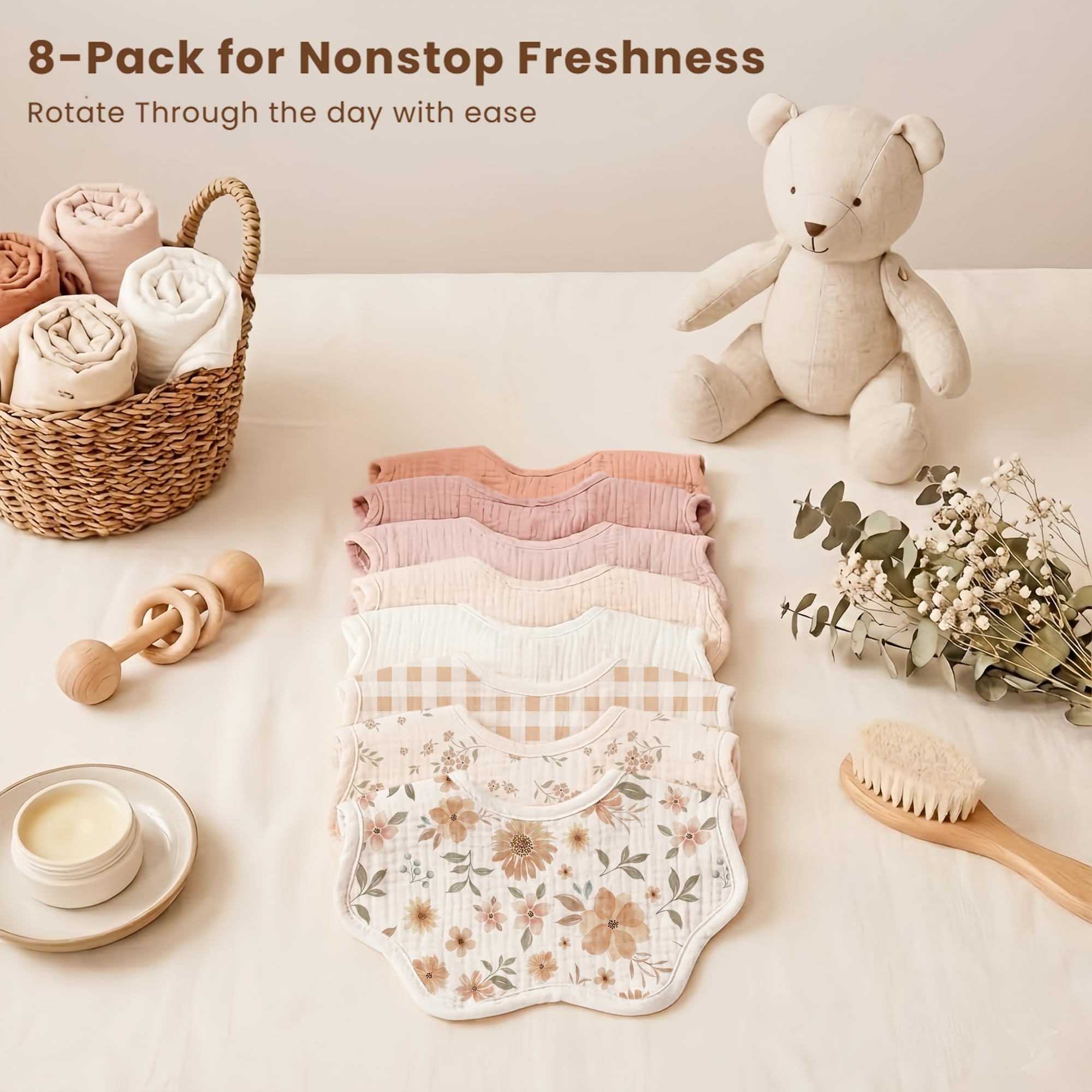 Konssy Muslin Baby Bibs washable durability highlight easy cleaning and long-term use.