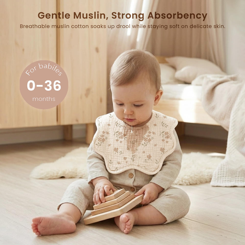 Konssy Muslin Baby Bibs worn on baby showing drool coverage.