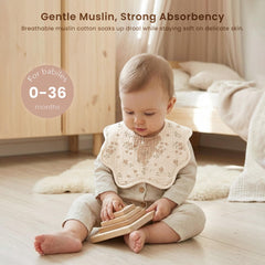 Konssy Muslin Baby Bibs worn on baby showing drool coverage.