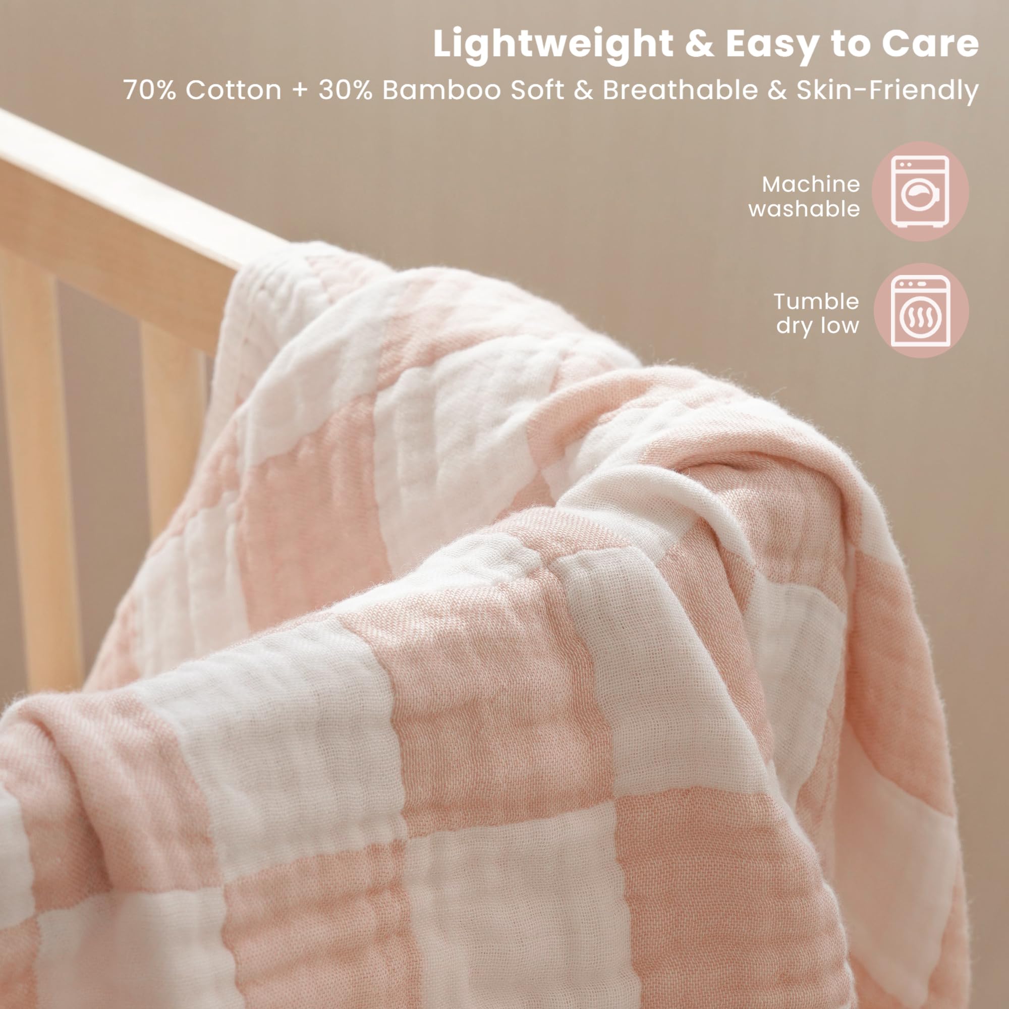 Konssy Muslin Baby Blanket in crib showing large 43x43 size