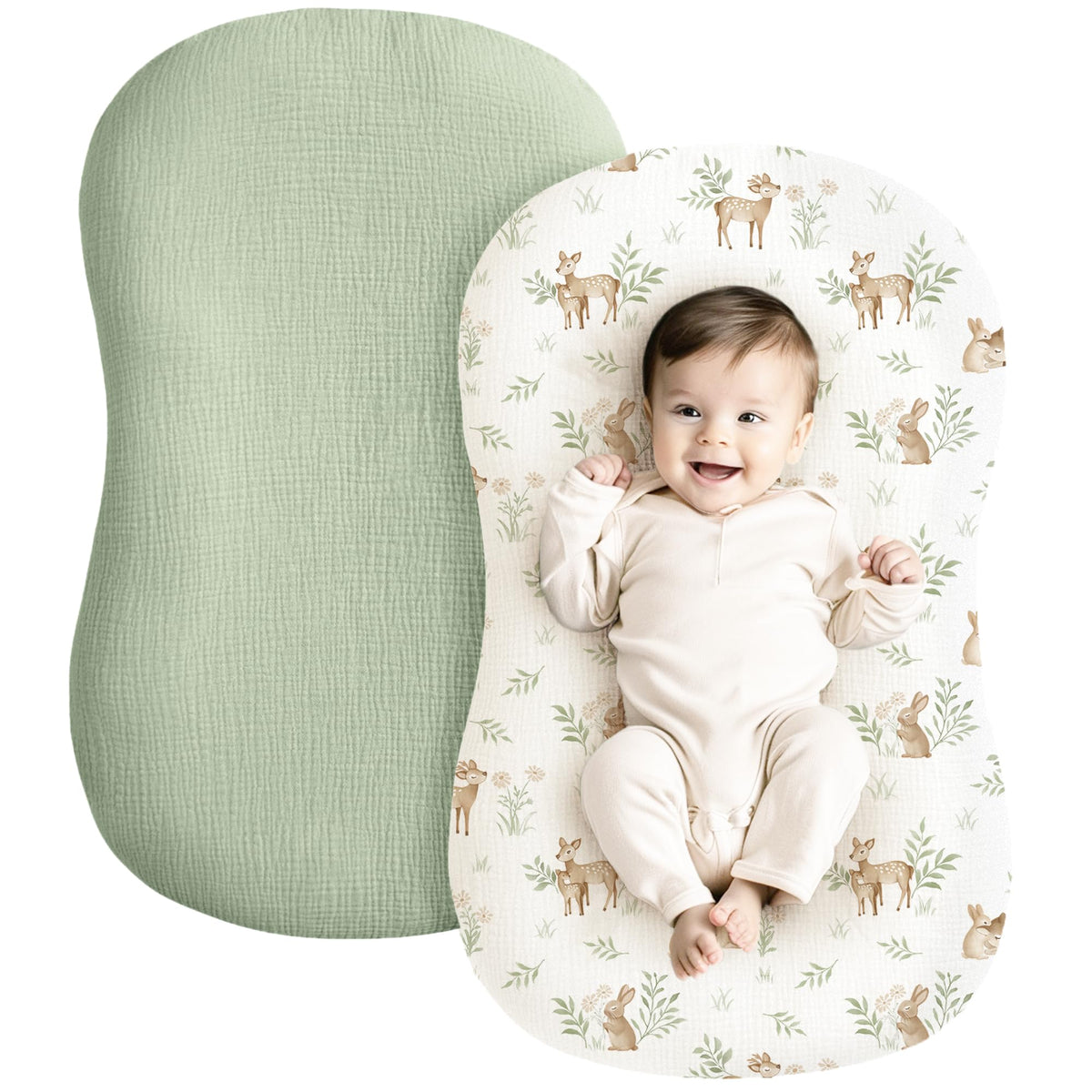 Konssy muslin baby lounger cover Woodland Sage close-up shows breathable fabric