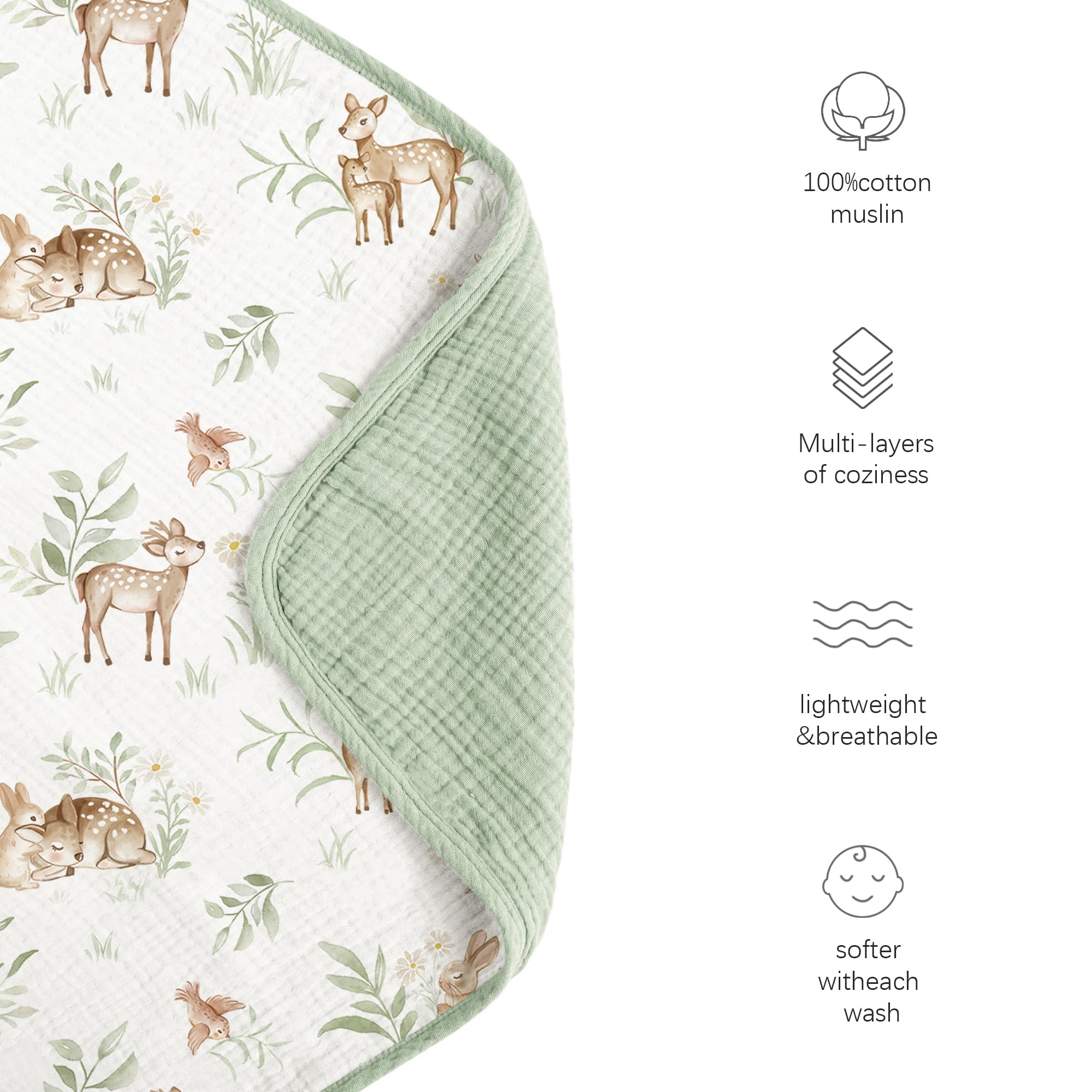 Konssy muslin blanket woodland design enhances gender-neutral nursery styling.