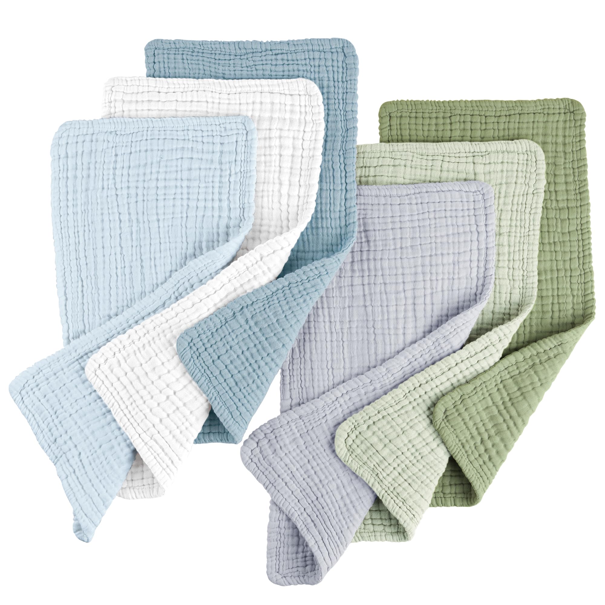 Konssy muslin burp cloths 6-pack flatlay, convenient newborn-ready set.