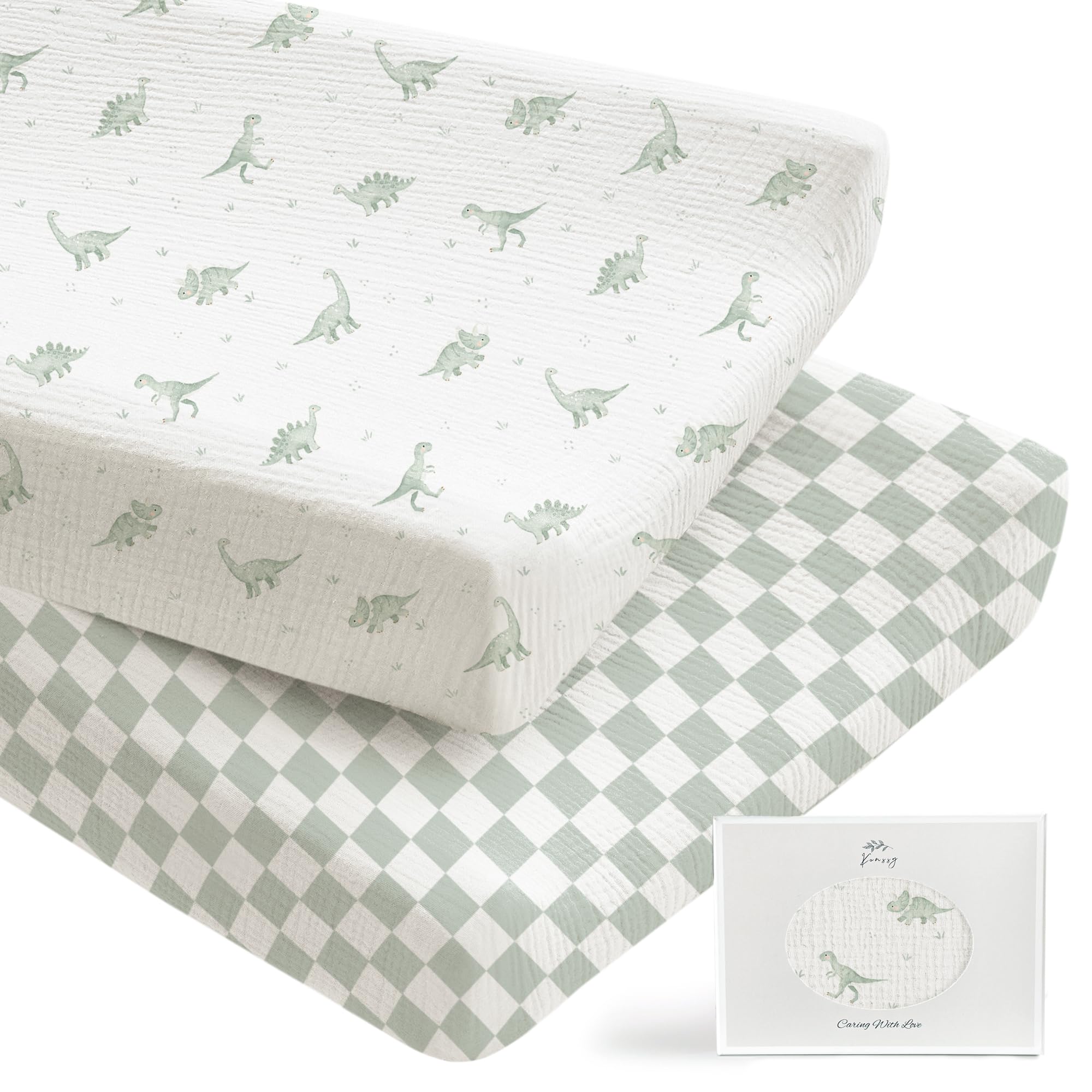 Konssy muslin changing pad cover green dino closeup for ultra-soft skin comfort.