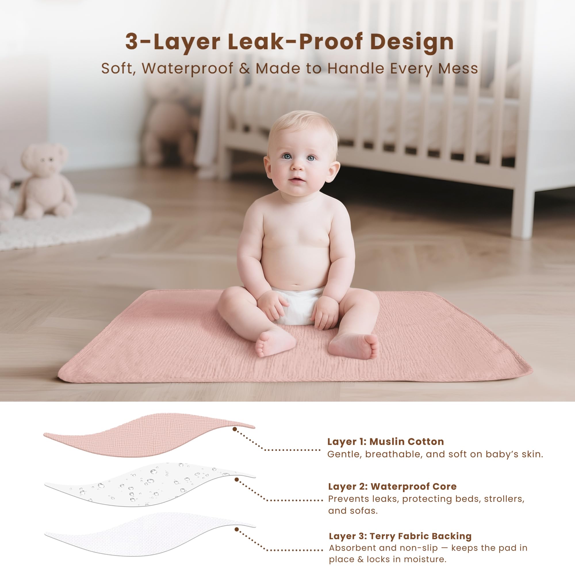 Konssy muslin cotton surface feels gentle on baby's skin.
