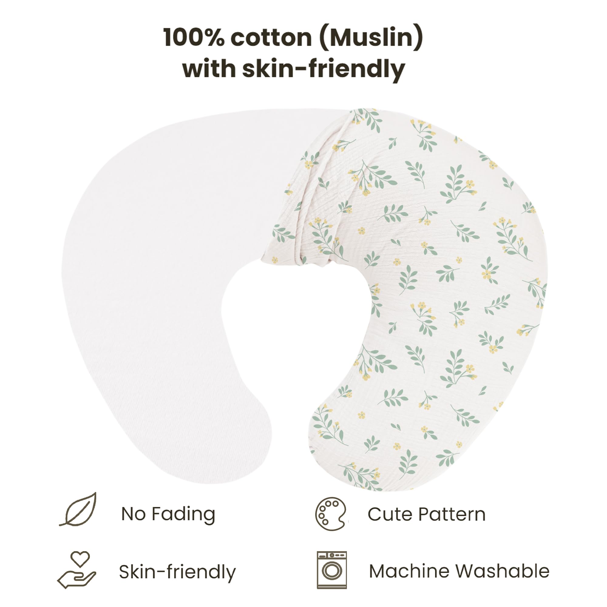 Konssy muslin cover on a nursing pillow showing snug fit and secure zipper.