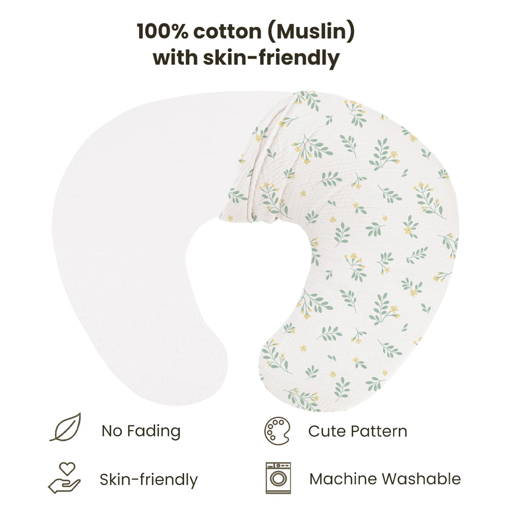Konssy muslin cover on a nursing pillow showing snug fit and secure zipper.