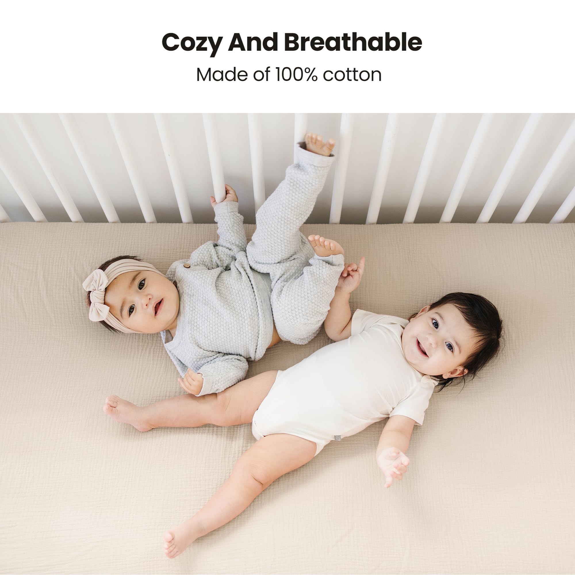 Konssy Muslin crib sheets with 360-degree elastic fit keeping sheet snug during baby moves.