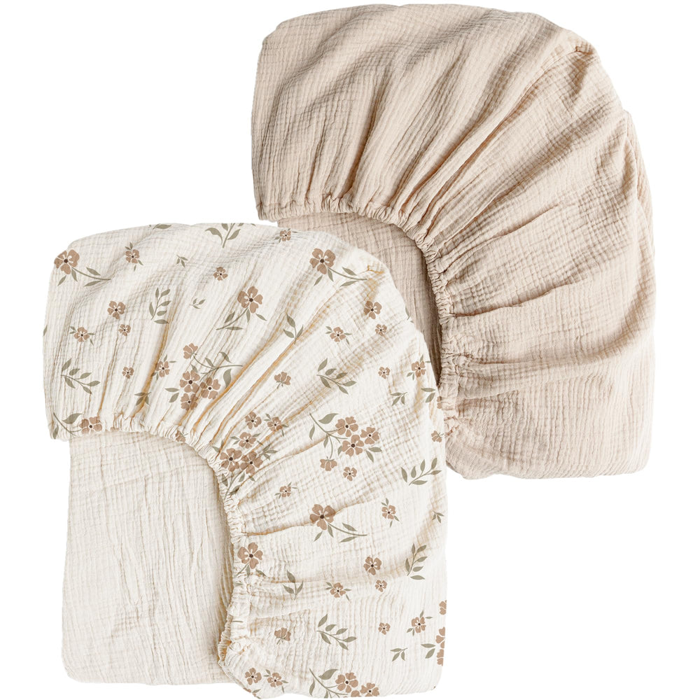 Konssy muslin crib sheets Blossom Cream top view shows breathable cotton comfort for baby sleep.