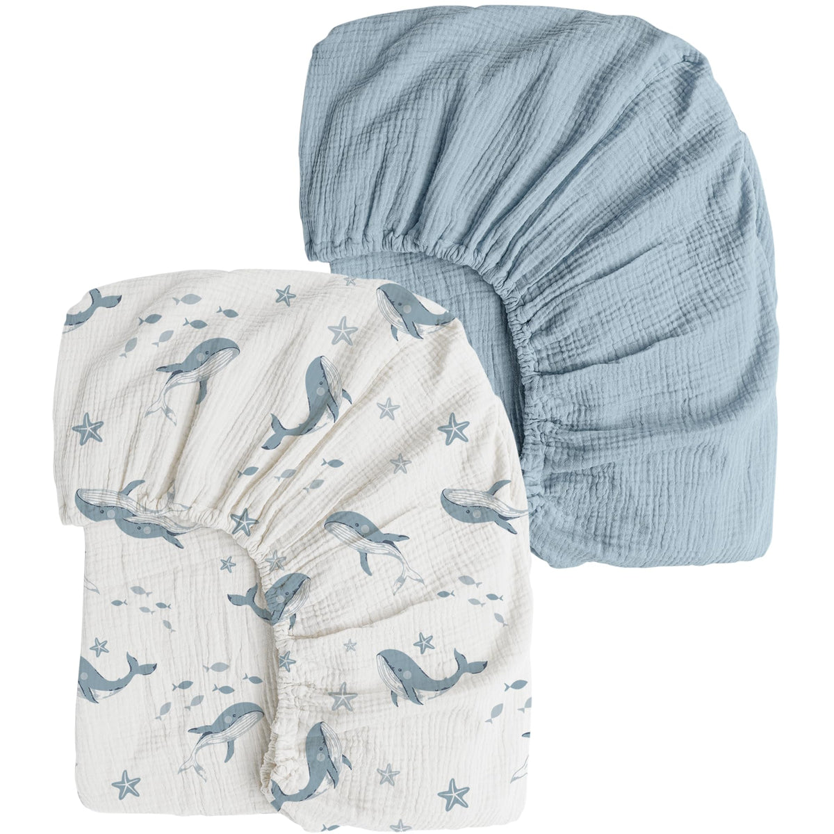 Konssy muslin crib sheets blue whale packaging, two-pack convenience for busy nights.