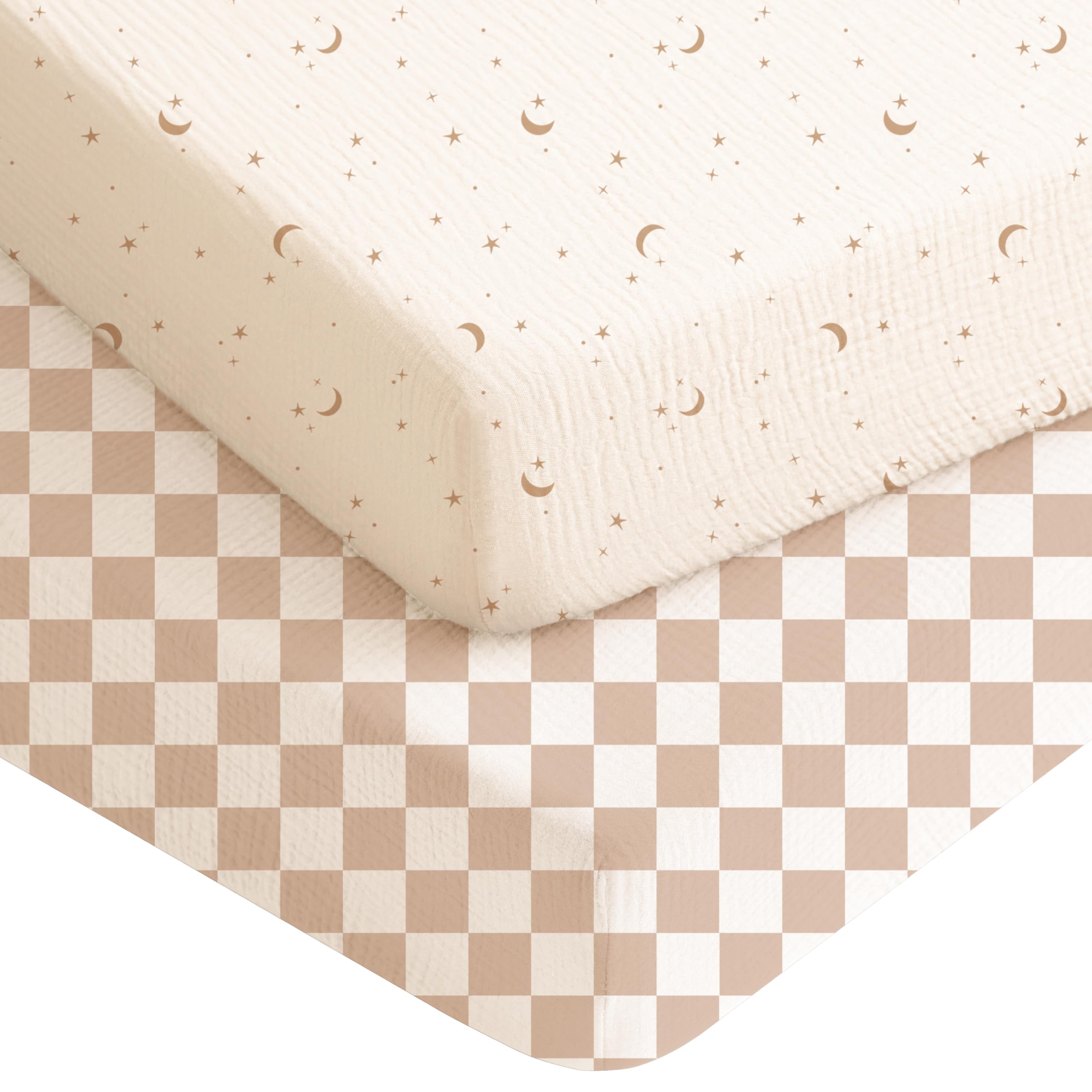 Konssy muslin crib sheets Coffee Check offer soft, breathable comfort for naps.