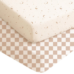 Konssy muslin crib sheets Coffee Check offer soft, breathable comfort for naps.