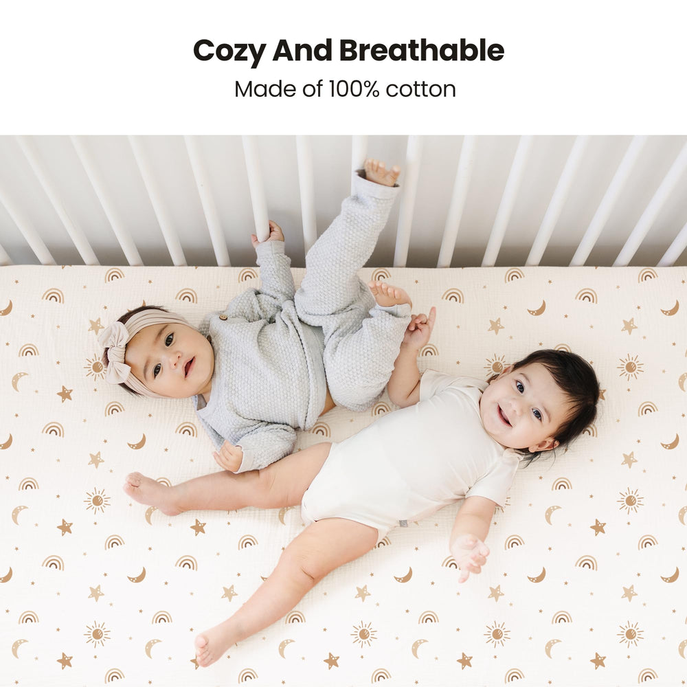 Konssy Muslin Crib Sheets Coffee print close-up highlights gender-neutral design