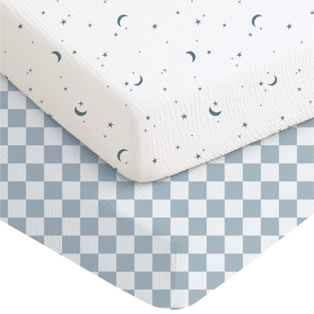Konssy Muslin Crib Sheets Dreamfield Sky pattern—soft, breathable comfort for naps.