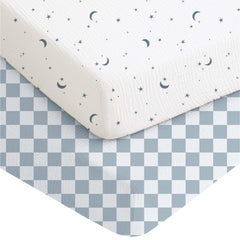 Konssy Muslin Crib Sheets Dreamfield Sky pattern—soft, breathable comfort for naps.