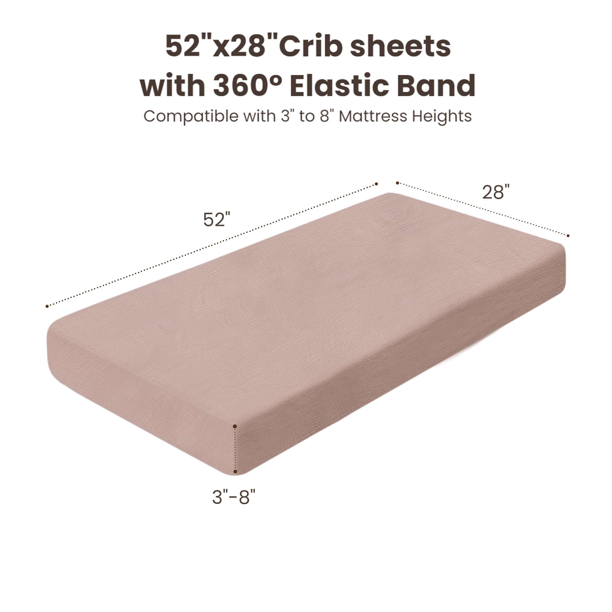 Konssy two-pack muslin sheets shown on crib mattress with elastic