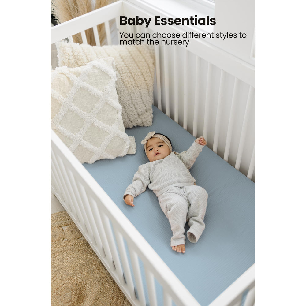 Konssy Muslin Crib Sheets fitted elastic demonstrates secure mattress fit