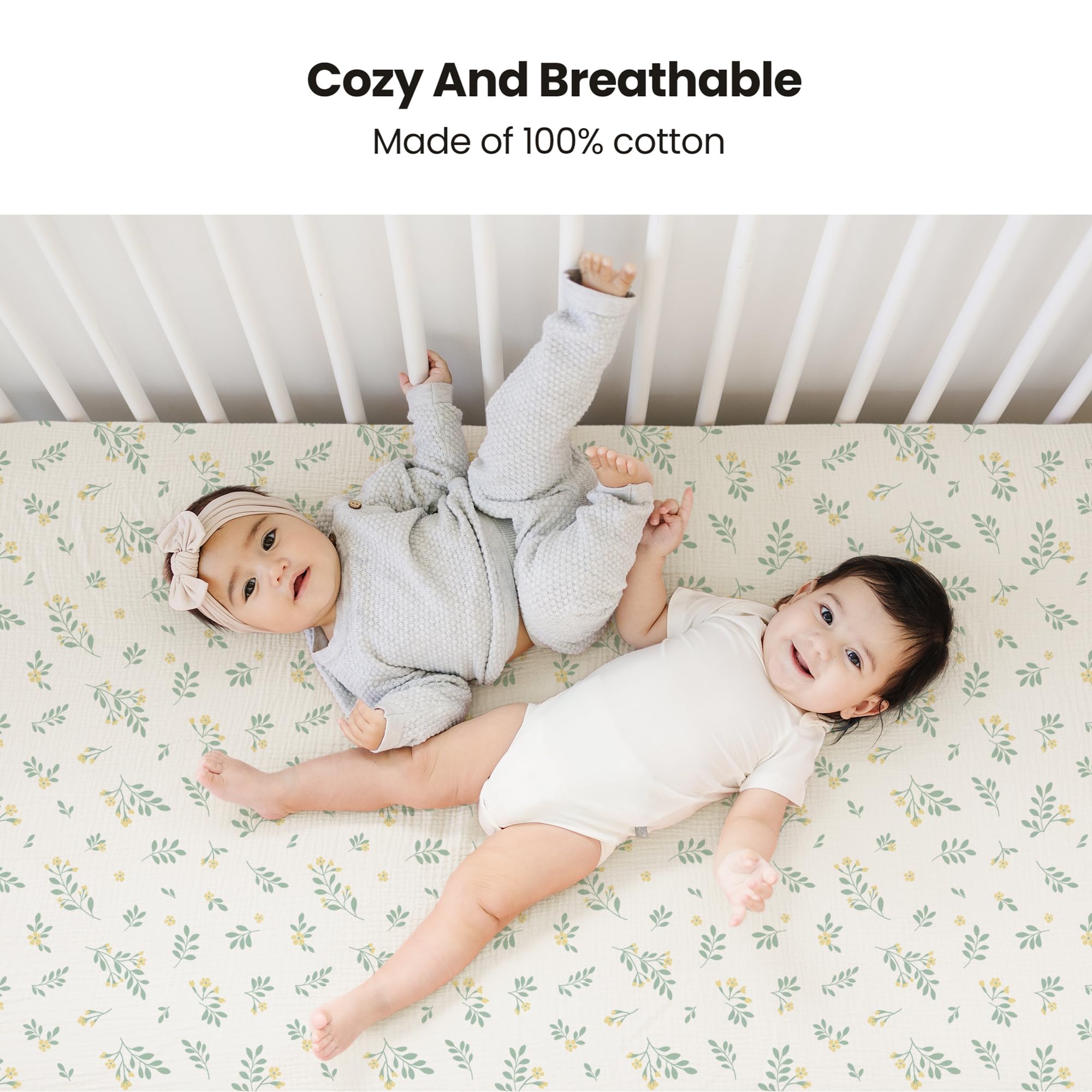 Konssy muslin crib sheets fitted on standard mattress with 360-degree elastic.
