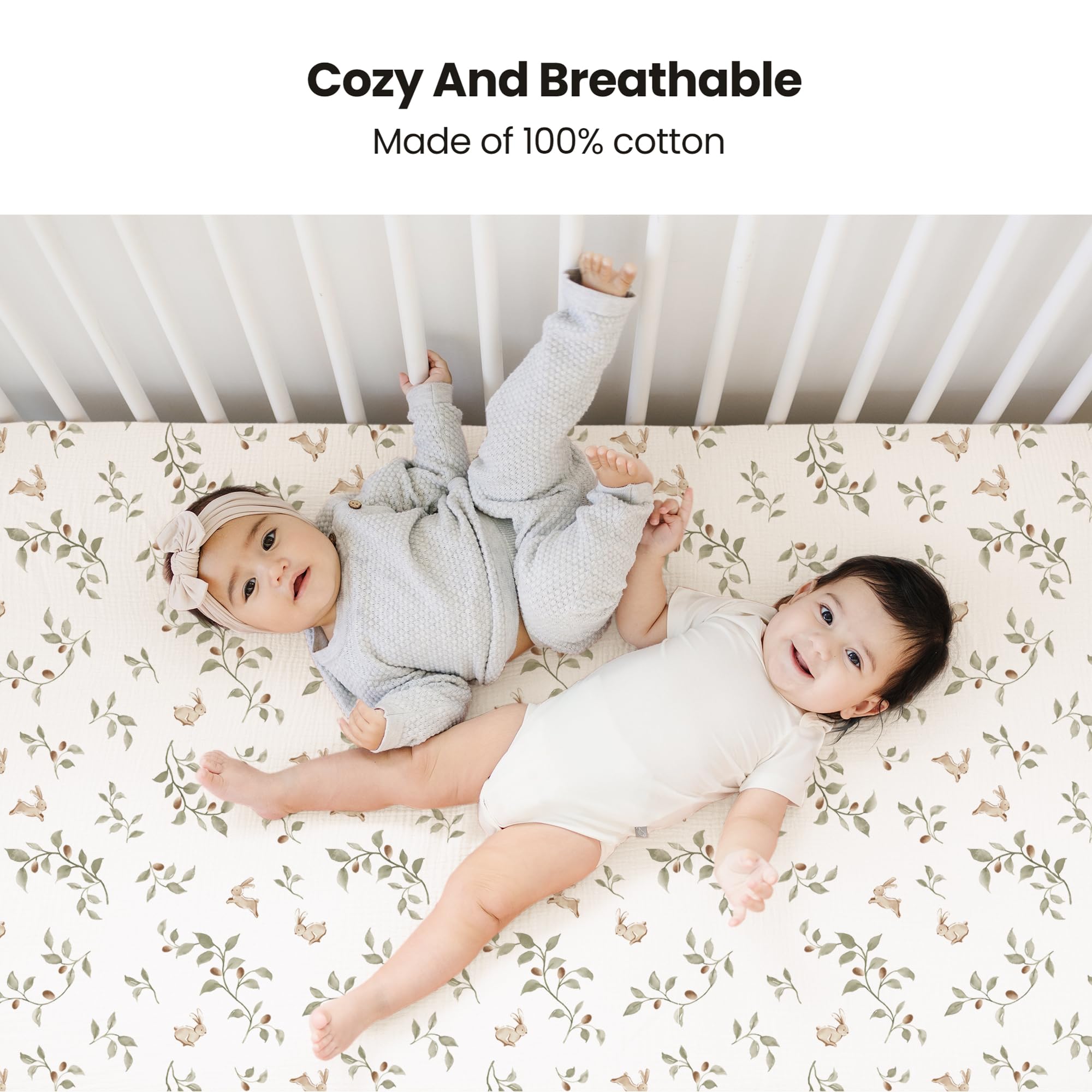 Konssy muslin crib sheets fog green print on mattress for calming nursery color.