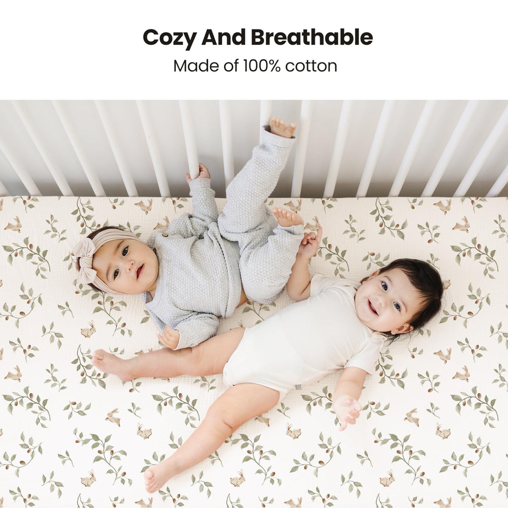 Konssy muslin crib sheets fog green print on mattress for calming nursery color.