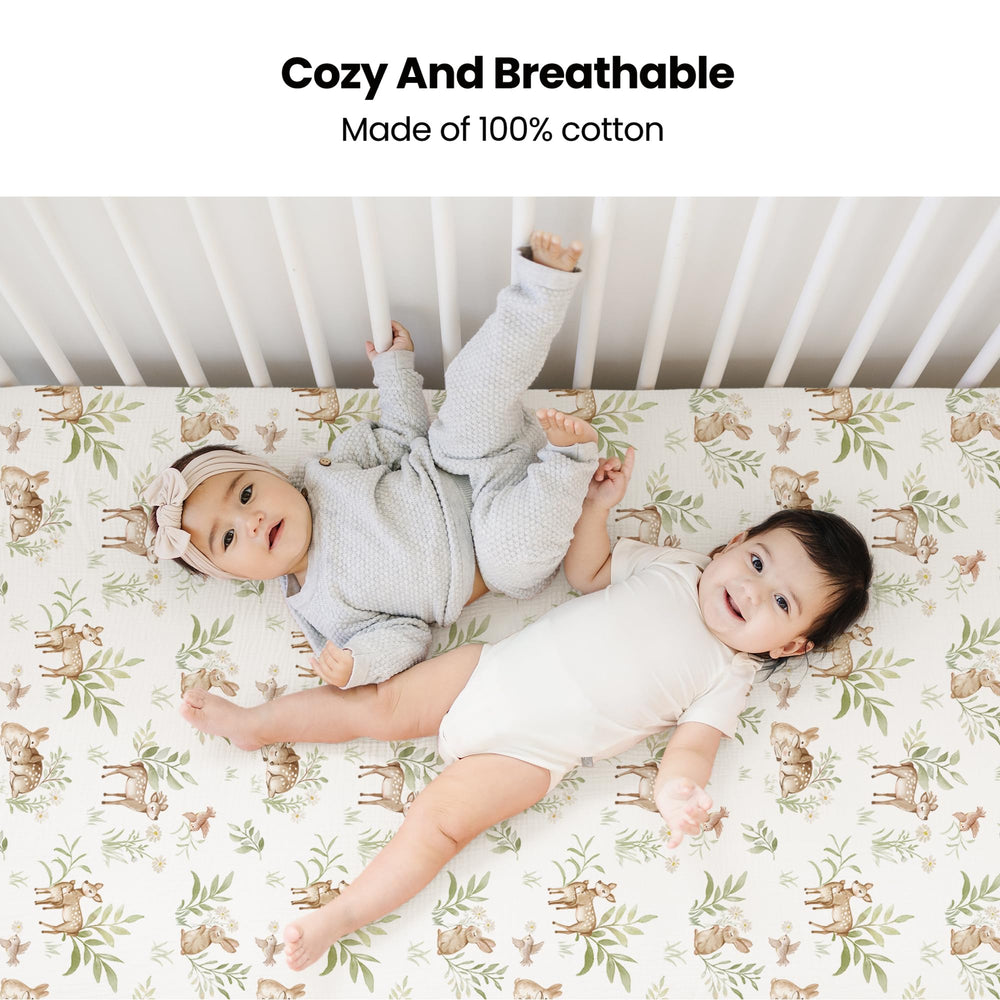 Konssy muslin crib sheets sage print on standard crib mattress for breathable comfort