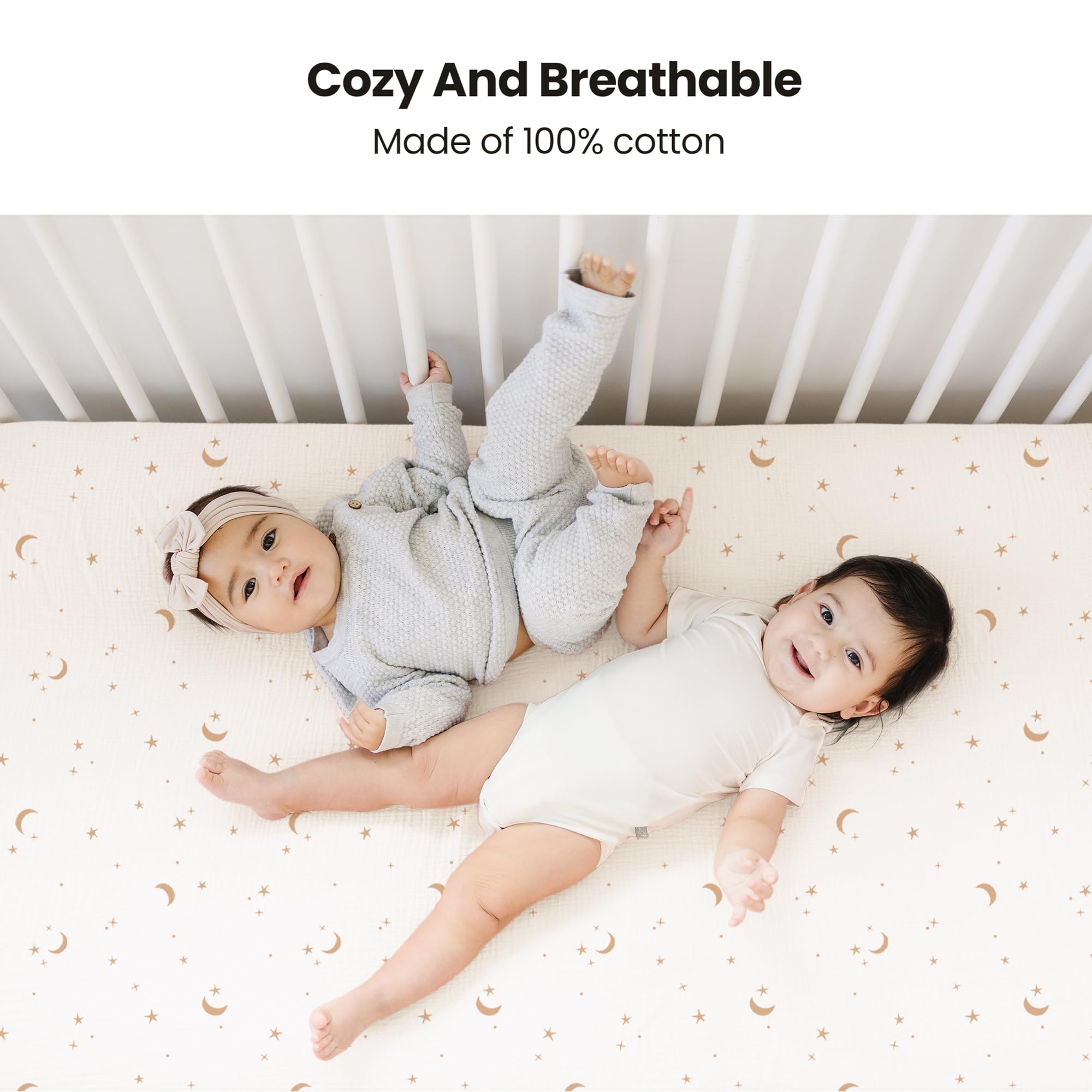 Konssy Muslin Crib Sheets with 360-degree elastic snug-fit for a secure crib