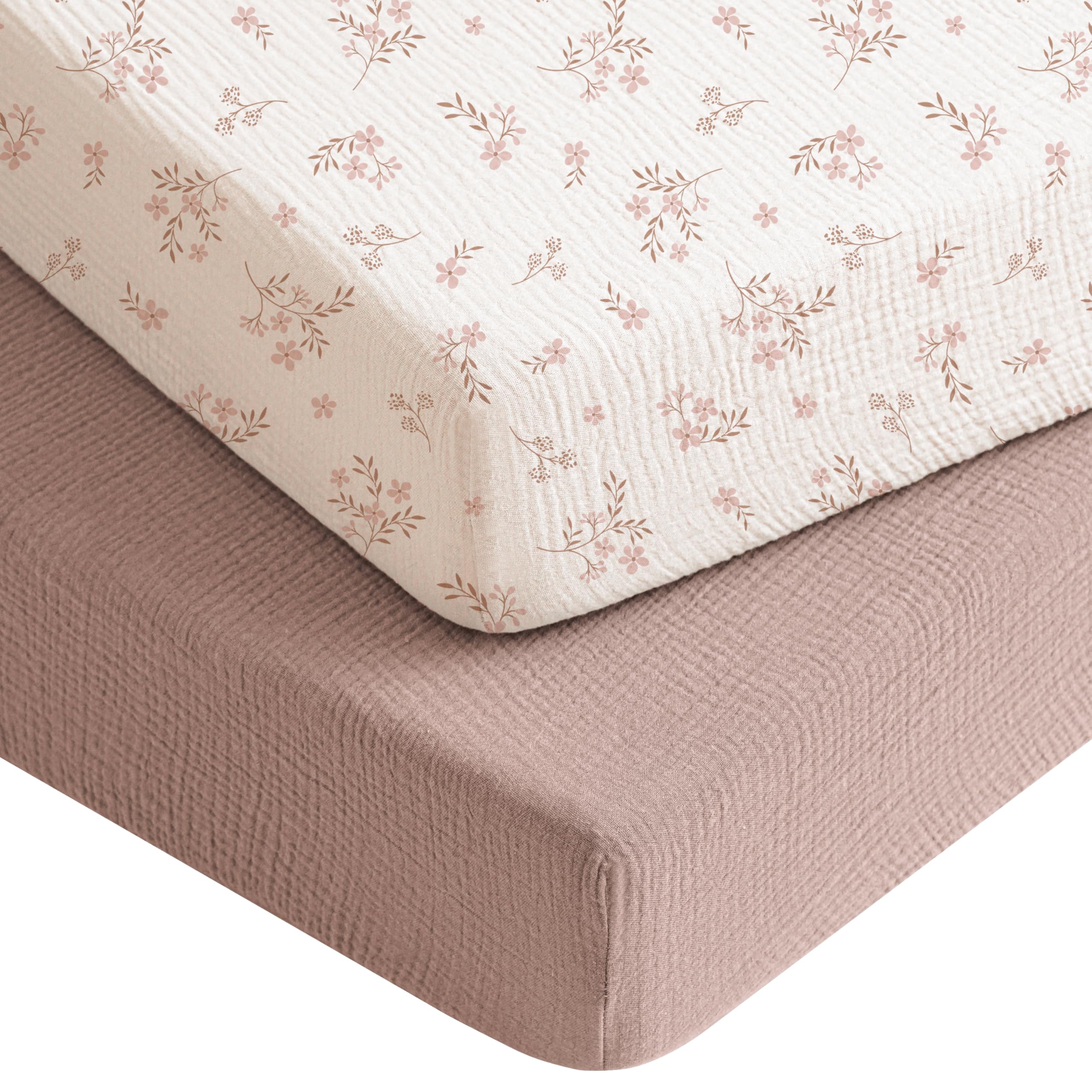 Konssy Muslin crib sheet Soft Blooms Taupe on crib for breathable comfort