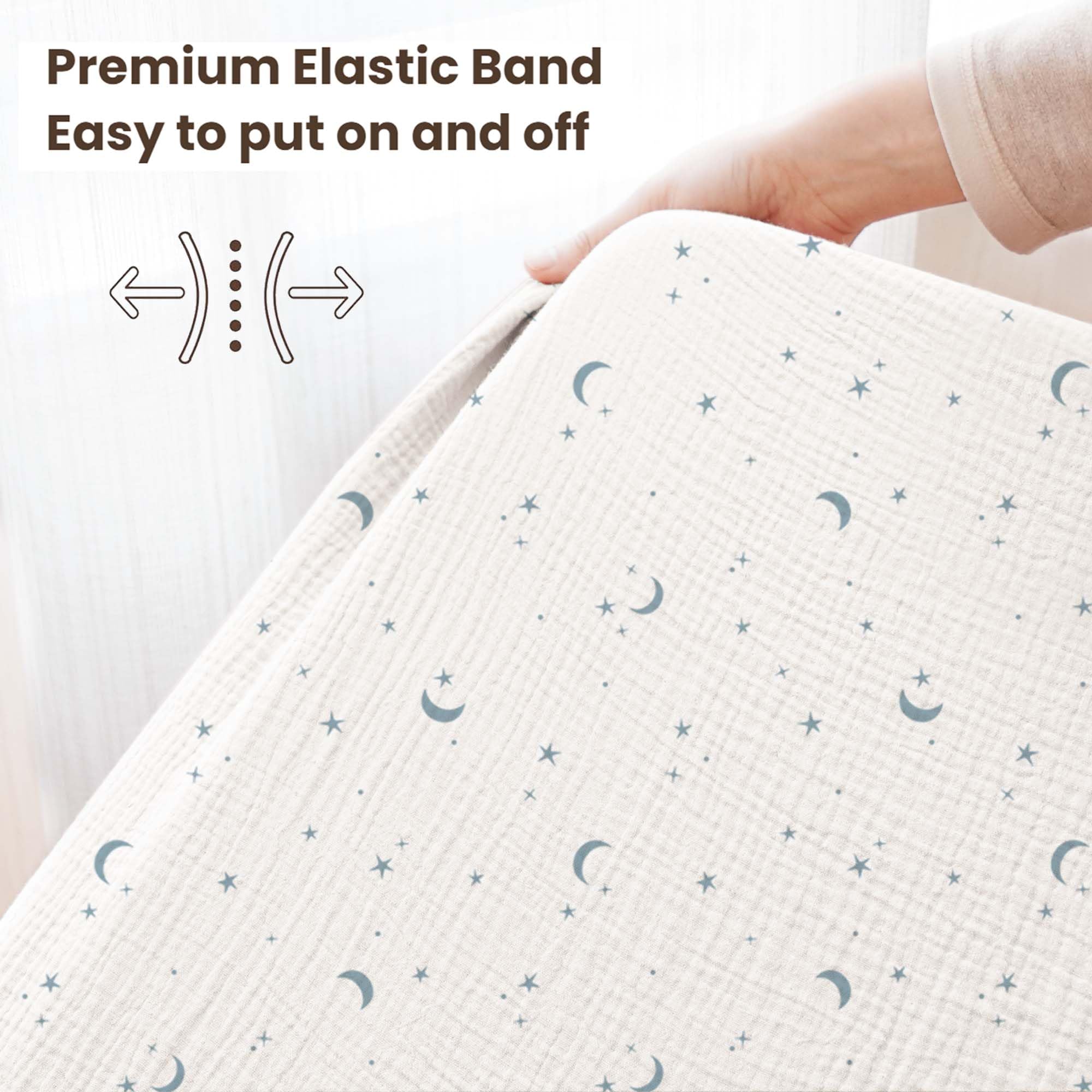 Konssy Muslin Crib Sheets 100% cotton texture closeup shows a gentle surface for baby skin.
