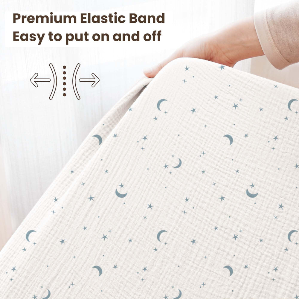 Konssy Muslin Crib Sheets 100% cotton texture closeup shows a gentle surface for baby skin.