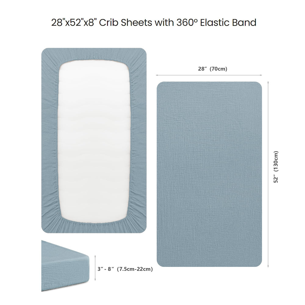 Konssy muslin crib sheets standard crib 28x52 image shows proper size fit.