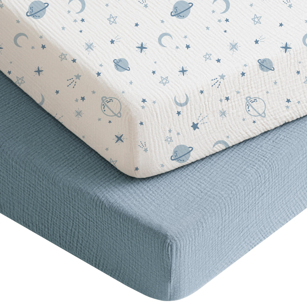 Konssy Muslin Crib Sheets star blue 2-pack offer soft cotton comfort for baby sleep